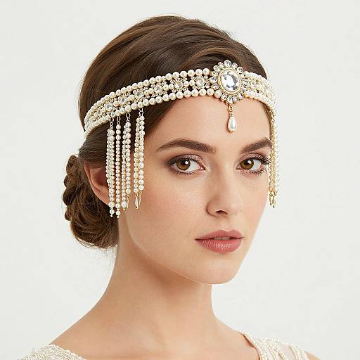 Photograph of a fair-skinned woman with dark brown hair in an elegant updo, wearing a delicate white pearl and gemstone headpiece, against