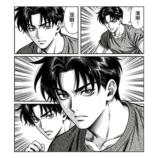 Black-and-white manga-style comic page featuring a serious, dark-haired young man in multiple close-up panels, wearing a t-shirt, with intense expressions.