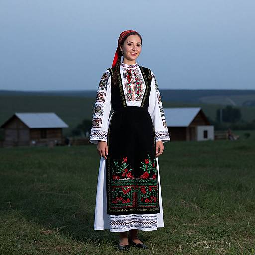 Photograph of a smiling woman in traditional Eastern European folk dress, standing in a grassy field at dusk, with wooden houses in the background.