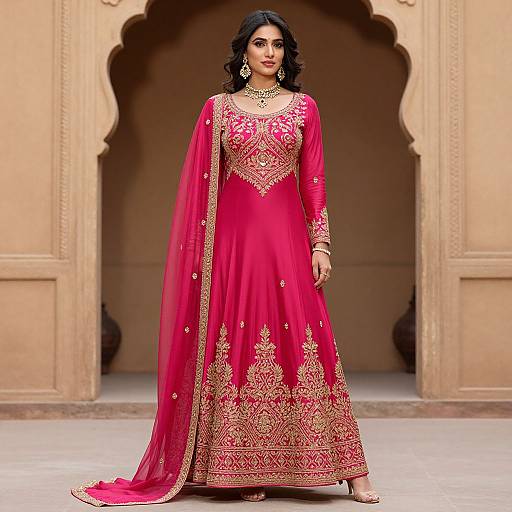 Photograph of a confident Indian woman in a vibrant red traditional lehenga with gold embroidery, standing in front of an ornate beige archway.