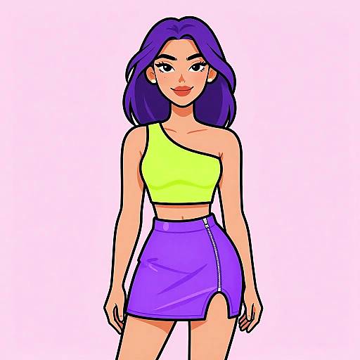 Digital illustration of a confident woman with purple hair, wearing a neon yellow crop top and purple high-waisted skirt with a side slit. She stands