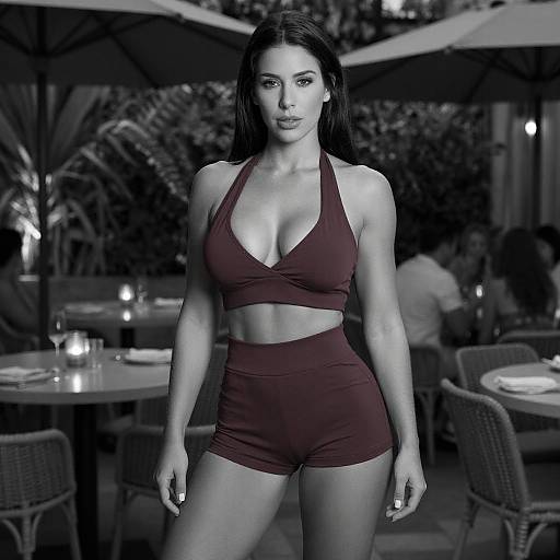 Photograph of a confident woman with long dark hair, wearing a maroon halter crop top and high-waisted shorts, standing in a dim