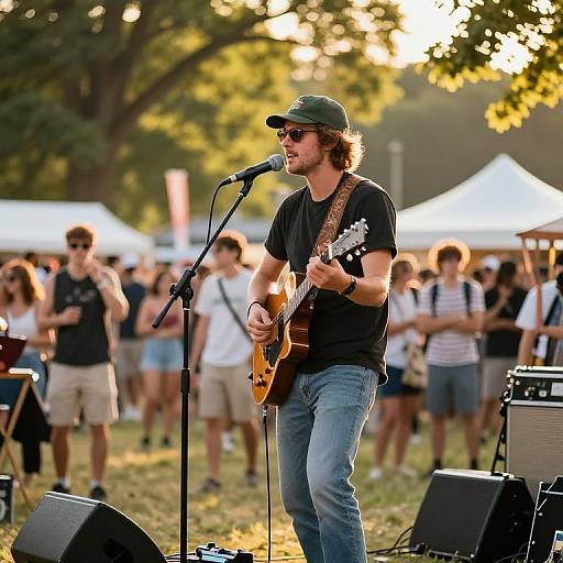 Photograph of a bearded man with medium-length brown hair, wearing a green cap and black T-shirt, playing an acoustic guitar and singing at an