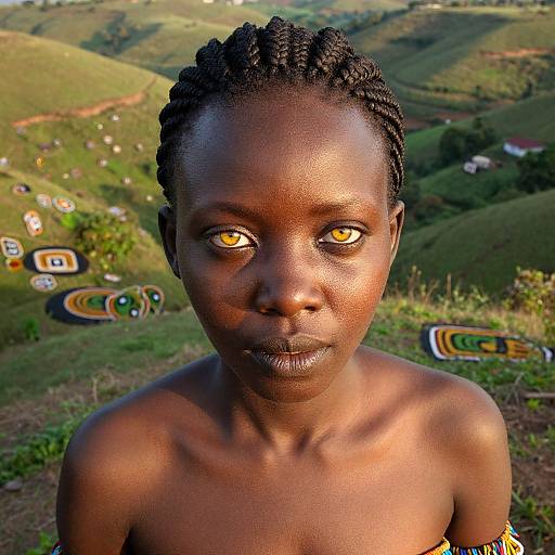 Photograph of a topless, dark-skinned woman with braided hair and golden eyes, standing in a lush, hilly countryside with colorful,