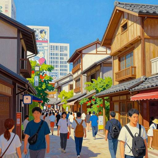 Vibrant photograph of a bustling Japanese street with wooden buildings, colorful banners, and pedestrians in casual summer clothes, under a clear blue sky.