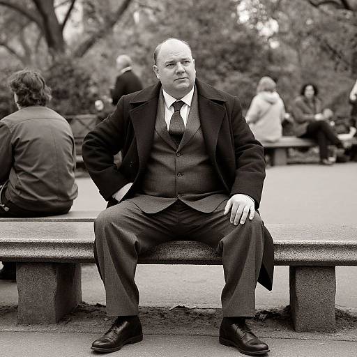 Black-and-white photograph of a bald, middle-aged man in a suit, sitting on a park bench, with blurred people in the background.