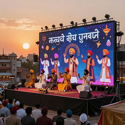Photograph of a sunset stage performance featuring six Sikh men in traditional attire, with colorful turbans, raising hands on a large blue screen backdrop with Pun