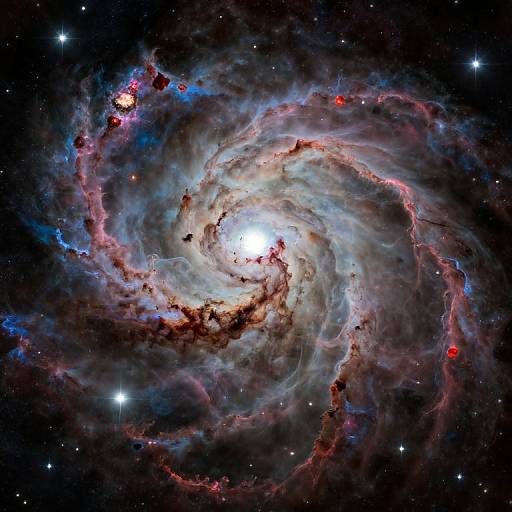 Photograph of a vibrant, swirling galaxy with bright white core, surrounded by colorful red, blue, and purple gas clouds against a starry black space