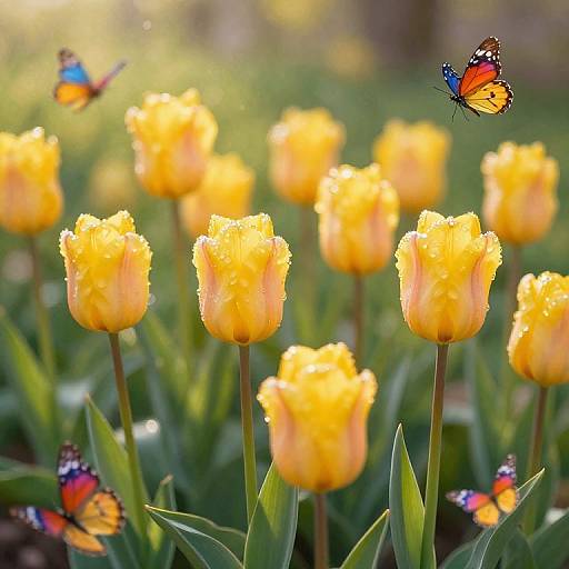 Photograph of vibrant yellow tulips with ruffled petals, surrounded by green leaves, with colorful butterflies (orange, blue, and black) fluttering