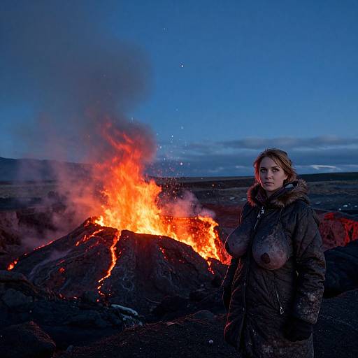 Photograph of a woman in a dark winter coat standing near a vibrant orange volcanic eruption against a twilight blue sky.