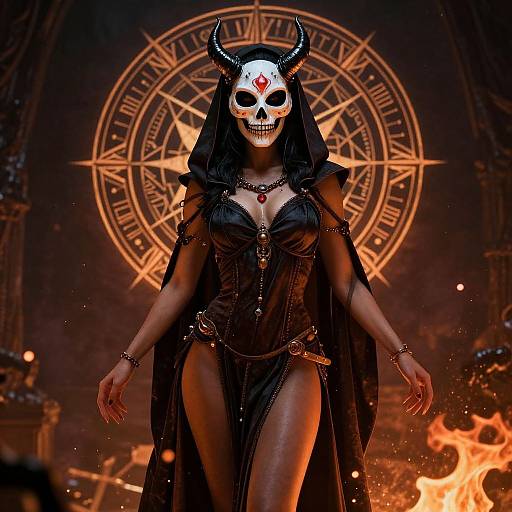 Dark fantasy digital art: demonic woman with white skull mask, black hooded dress, red gem, horns, standing before fiery pentagram.