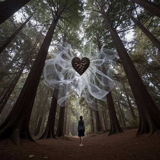 Photograph of a forest with tall trees, a person in silhouette standing under a heart-shaped net of white gauze.