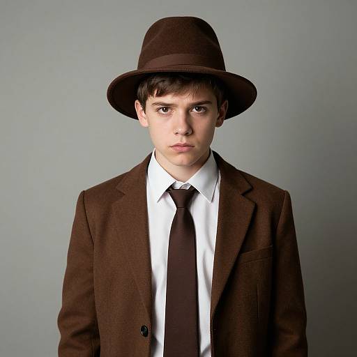 Photograph of a young Caucasian man with fair skin, dark brown hair, wearing a brown fedora, brown suit, white shirt, and black tie