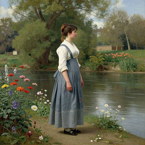 Photograph of a pregnant woman in white blouse and blue pinafore, standing by a serene pond with colorful flowers, trees, and a distant house
