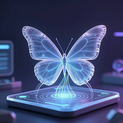 Neon blue, glowing butterfly sculpture standing on a illuminated, circular, futuristic pad with concentric lines, against a dark background.