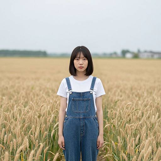 Young Asian woman with shoulder-length black hair, wearing white shirt and blue denim overalls, standing in a golden wheat field.
