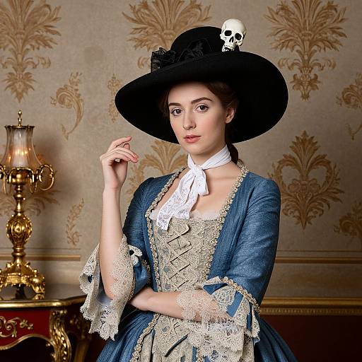 Photograph of a pale-skinned woman in an 18th-century blue dress with lace, white ribbon choker, black hat with skull, in