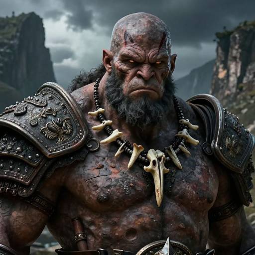 CGI fantasy image of a muscular, bald, scarred orc warrior with a black beard, wearing ornate, bone-ornamented armor,