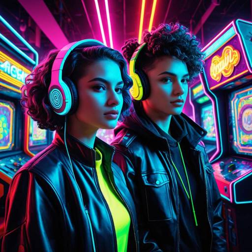 Two androgynous individuals with headphones in neon arcade