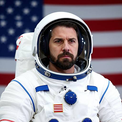 Photograph of a serious, bearded man in a white astronaut suit with a clear helmet, American flag backdrop, and blue life support buttons.