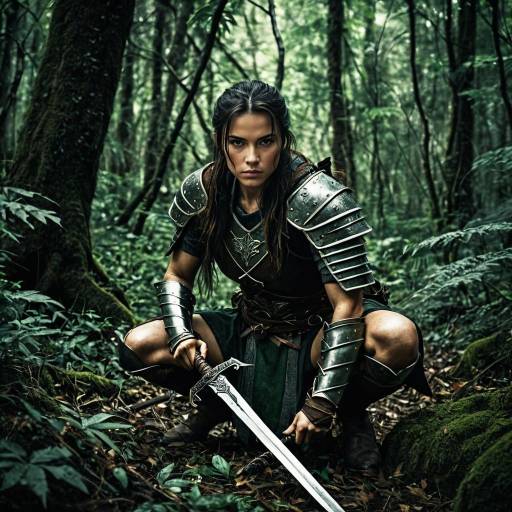 Fierce Female Warrior in Dense Forest