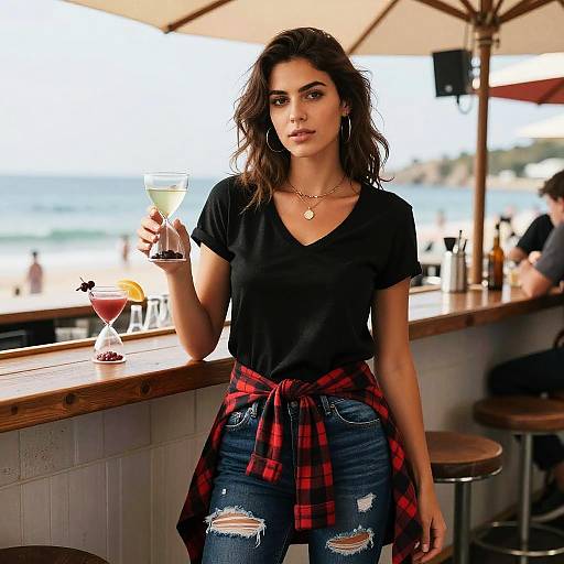 Casual Hourglass Woman at Seaside Bar