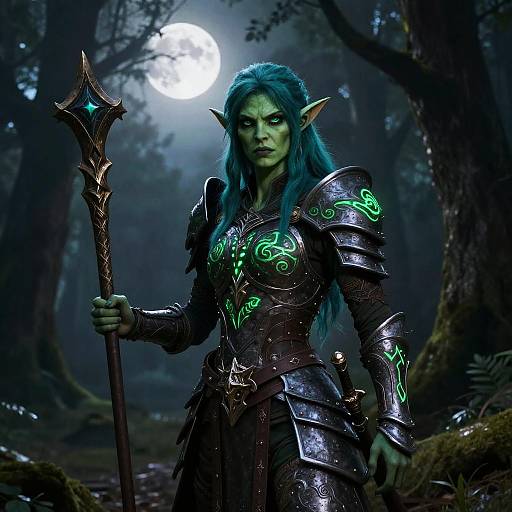 Digital artwork of a fierce, green-skinned elf warrior with long blue hair, glowing green runes on dark armor, holding a staff, under a full