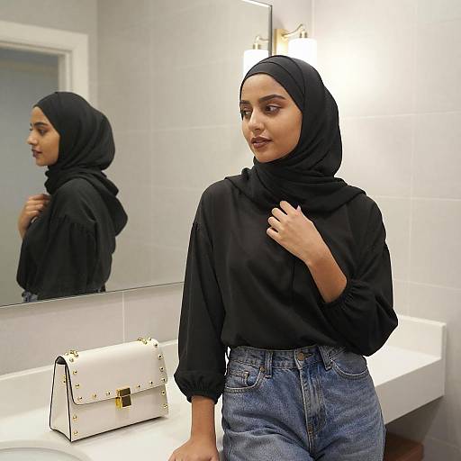 Young Woman in Hijab Bathroom Reflection