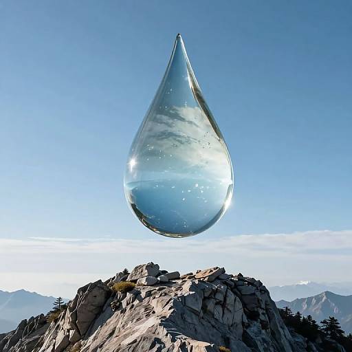 Photograph of a large, transparent water droplet suspended above a rocky mountain peak with a clear blue sky and distant mountains.