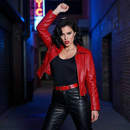 Photograph of a fierce woman with black hair, red leather jacket, black tank top, and black leather pants, standing in a dimly lit,