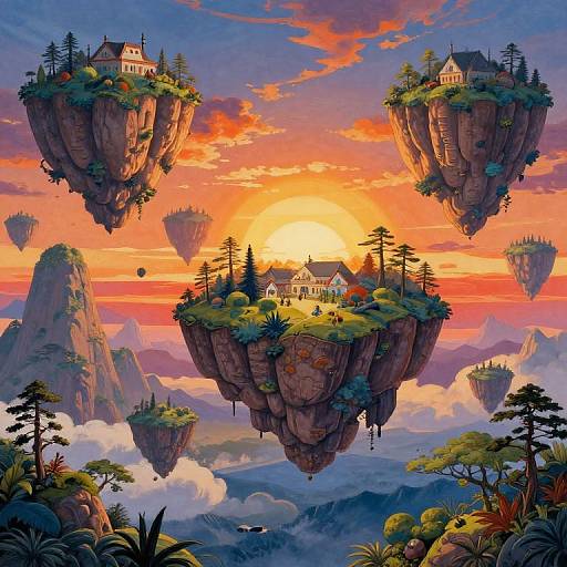 Fantastical digital painting of floating islands with colorful houses, lush greenery, and a vibrant sunset sky, surrounded by floating clouds and distant mountains.
