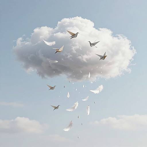 Photograph of a bright blue sky with a white, fluffy cloud, surrounded by flying white doves with scattered feathers below.