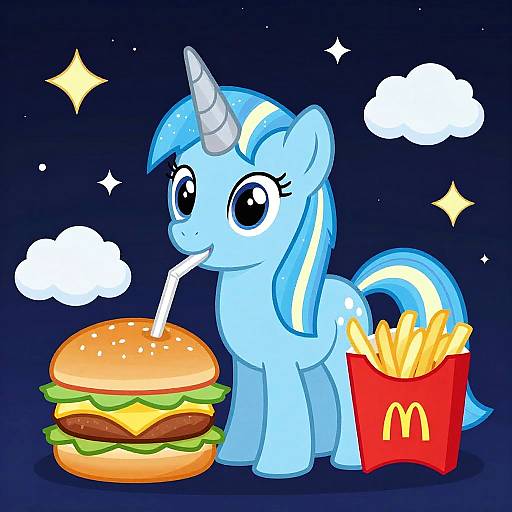 Midnight Blue Unicorn with Burger and Fries