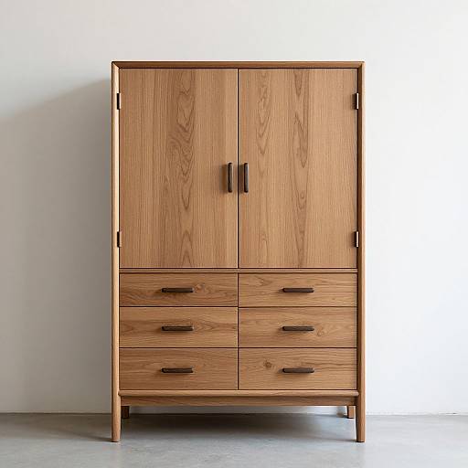 Photograph of a mid-century modern wooden cabinet with two doors, four drawers, and dark metal handles, standing against a plain white wall and gray floor