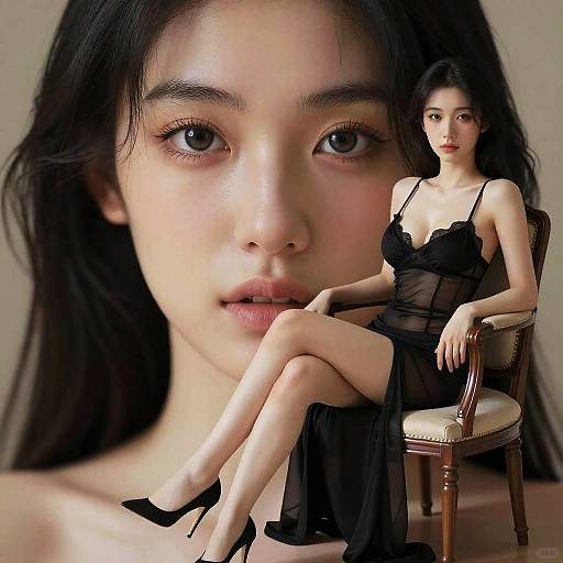 Photograph of an Asian woman with long black hair, wearing a sheer black dress and black heels, sitting on a wooden chair in front of a close