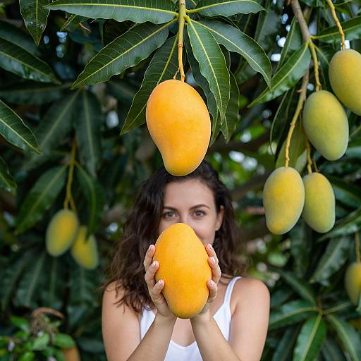 Photograph of a woman with curly brown hair, wearing a white tank top, holding a large yellow mango in front of her face, surrounded by green