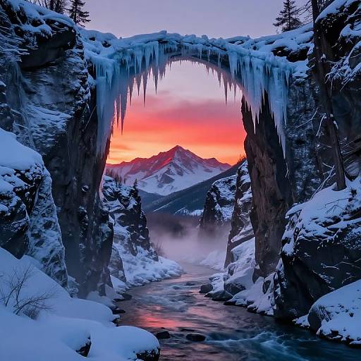 Photograph of a snow-covered, icicle-adorned rock arch framing a vibrant sunset over a snowy mountain range with a misty river flowing beneath