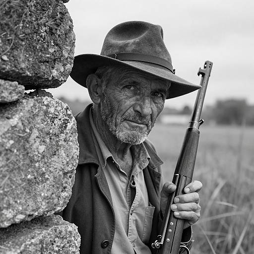 Elderly Man with Rifle in B&W