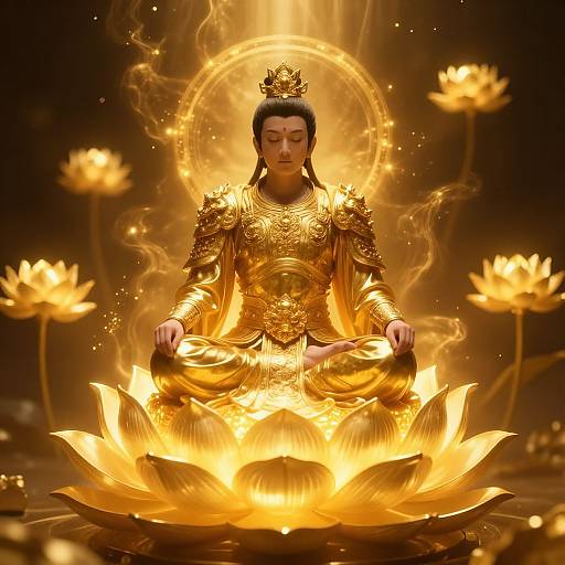 Photorealistic digital art of a golden Buddha meditating on a radiant lotus flower, surrounded by glowing lotus flowers and ethereal flames.