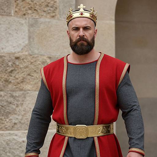 Photograph of a bearded man with a serious expression, wearing a gold crown, red and gray medieval robe with gold trim, and a gold belt