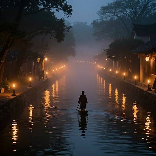 Photograph of a silhouetted person wading through a misty, illuminated canal at twilight, flanked by glowing street lamps and trees.