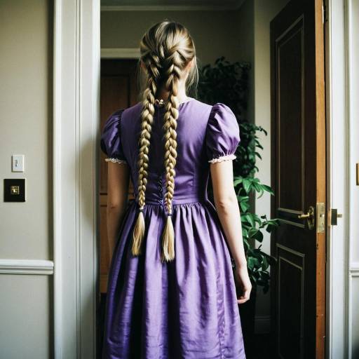 Blonde Girl with Long Braids in Purple Dress