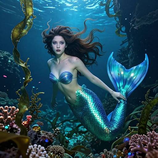 Photorealistic digital art of a beautiful mermaid with long brown hair, blue-green scales, and a shimmering fin, swimming amidst underwater coral and