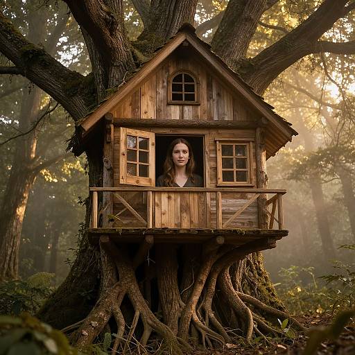 Wooden House with Woman's Face in Forest