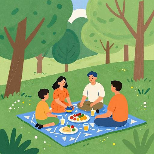 Illustration of a family of four sitting on a blue picnic blanket in a sunny, green forest, eating fruit and drinks.