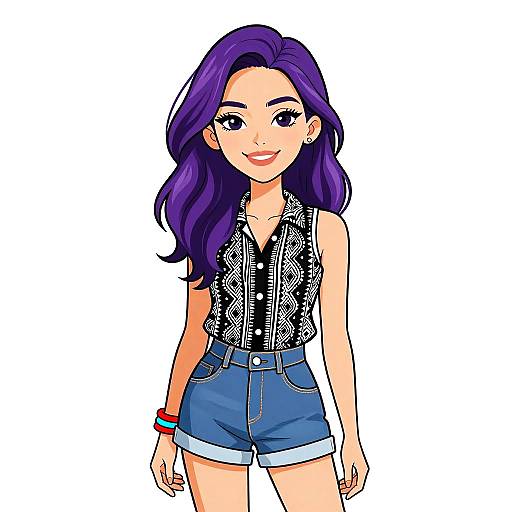 Digital anime-style drawing of a smiling woman with long purple hair, wearing a black patterned top and blue high-waisted shorts.