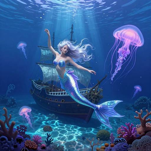 Digital artwork of a silver-scaled mermaid with flowing white hair, floating near a sunken ship, surrounded by glowing jellyfish and colorful coral in