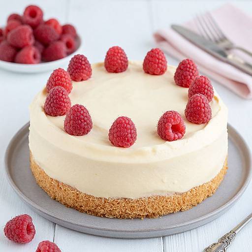 Photograph of a cream-topped raspberry cake on a gray plate, surrounded by fresh raspberries, with a bowl of raspberries and utensils in