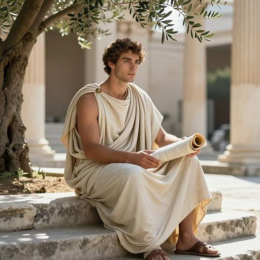Photograph of a curly-haired, muscular young man in a white toga, sitting on stone steps under an olive tree, holding a rolled document,