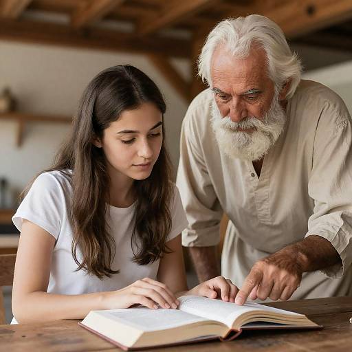 Young Woman Reading with Elderly Man's Guidance